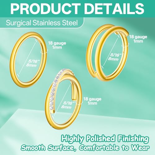 davka Nose Ring Set, 18G Hinged Hoop 8mm & 20G Nose Studs, Stainless Steel & Gold Plated, Hypoallergenic, Multiple Styles Nose Piercing Jewelry - color: Gold/3Pcs Hoops/18gauge 8mm/Set D