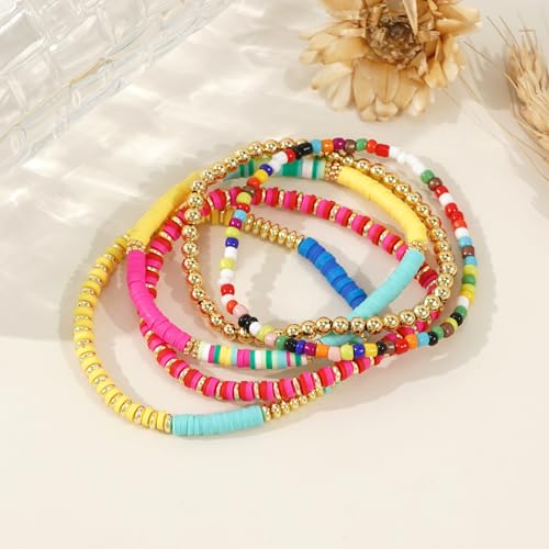 Colorful Gold Plated Stackable Ball Seed Beaded Bracelets Set For Women, Boho Handmade Romantic Stretch Accessories Jewelry, Daily Wear Holiday Party Friendship Gift - color: Heishi