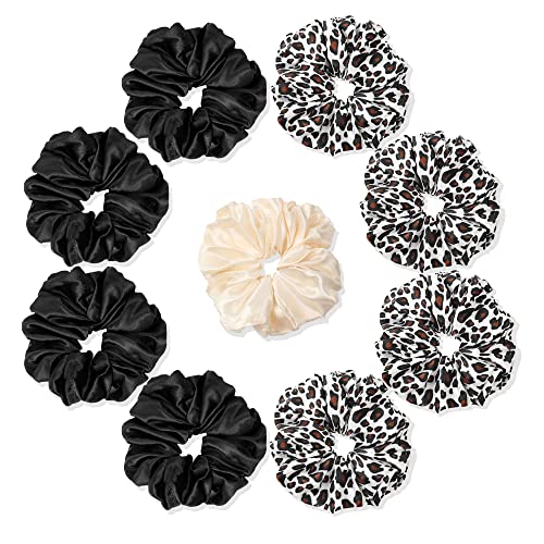 Scrunchies Hair Ties Silk Satin Scrunchy - Hair Elastics Bands Ponytail Holder Pack of Neutral Scrubchy Hair Accessories for Women Girls - color: Leopard Black