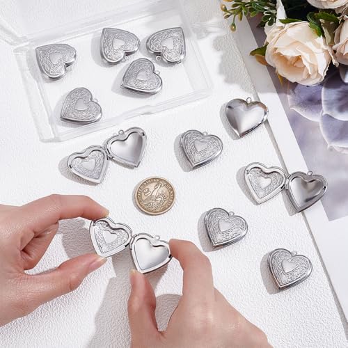 PH PandaHall 12pcs Heart Locket Charms, 316 Stainless Steel Photo Frame Charms Emboss Memory Pendant for Necklace Wedding Bouquet Pet Mother's Day Gift Decoration - style: Flower