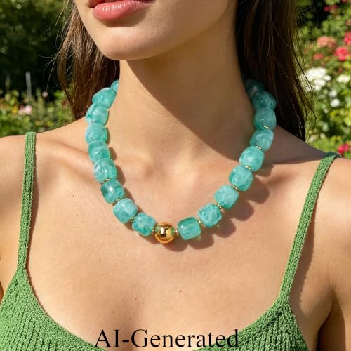 Ritach Chunky Beaded Necklaces for Women - Colorful Large Square Acrylic Beaded Necklace Boho Chunky Necklace Adjustable Statement Choker Necklace for Women Waterproof Summer Beach Jewelry Gifts - color: Mint Green