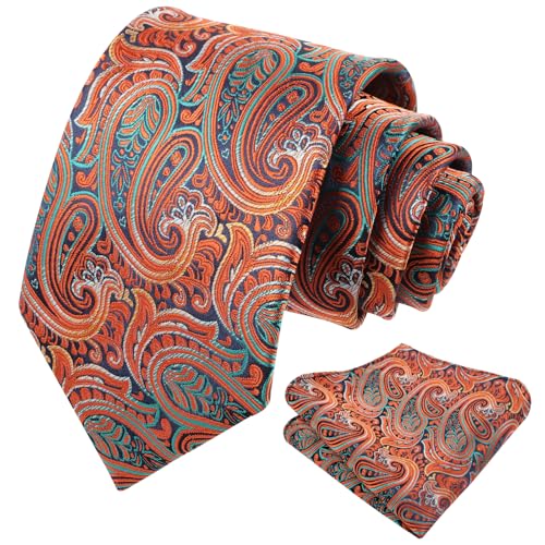 Alizeal Mens Gradient Paisley Necktie and Pocket Square Set | Elegant Design Perfect for Weddings Banquets Business Formal Events - color: 143-orange+green