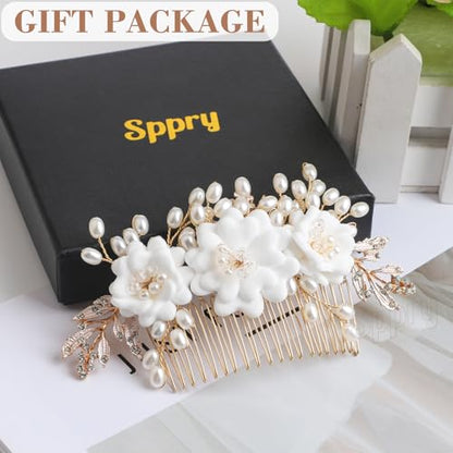 Fancy White Flower Bride Wedding Hair Comb, Handmade Pearl Rhinestone Hair Accessory for Bridal Women (Gold with 3 Flowers) - color: Style 1(with 3 Flowers)
