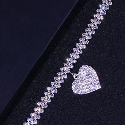 Fesciory Heart Rhinestone Ankle Bracelets for Women, Adjustable Silver Plated Shiny Tennis Anklets, Twinkle Cubic Zircon Imitation Diamond Anklet Foot Chain Jewelry Gifts - color: Thick Heart