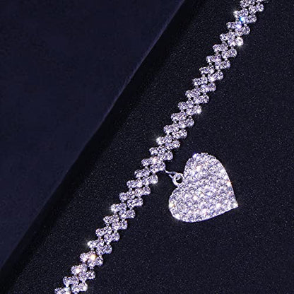 Fesciory Heart Rhinestone Ankle Bracelets for Women, Adjustable Silver Plated Shiny Tennis Anklets, Twinkle Cubic Zircon Imitation Diamond Anklet Foot Chain Jewelry Gifts - color: Thick Heart