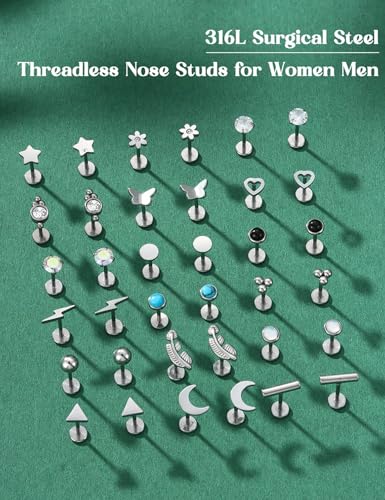 YADOCA 18Pairs Hypoallergenic Threadless Flat Back Earrings for Women 20G | Surgical Steel Push in Nose Stud Rings Labret Cartilage Lip Rings Medusa Nostril Conch Tragus Piercing Jewelry - color: A:Stud, size: 20G-6MM