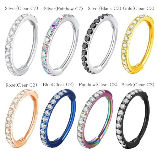 ORANGELOVE 20G 18G 16G Clear CZ Nose Ring Hoop 316L Surgical Steel Seamless Silver Septum Ring Clicker Jewelry Cartilage Earring Ear Piercing Hoop Earrings for Women Men Helix Rook Lobe Conch Tragus Daith Lip Hinged Piercing Jewelry with Cubic Zirconia -