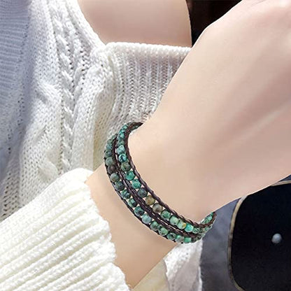 Genuine Stone Wrap Bracelets for Women Natural Crystal Beaded Wrap Bracelet 2/3/5 Adjustable Bohemian Bracelets Jewelry Gifts for Women Mom - color: africa turquoise(2 wraps)