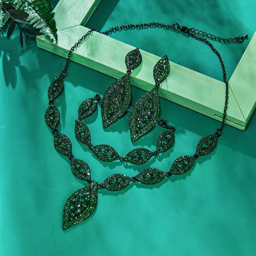 Flyonce Wedding Jewelry Set Rhinestone Crystal Bridal Leaf Necklace Drop Dangle Chandelier Earrings Sets for Women - color: Green Black-Tone
