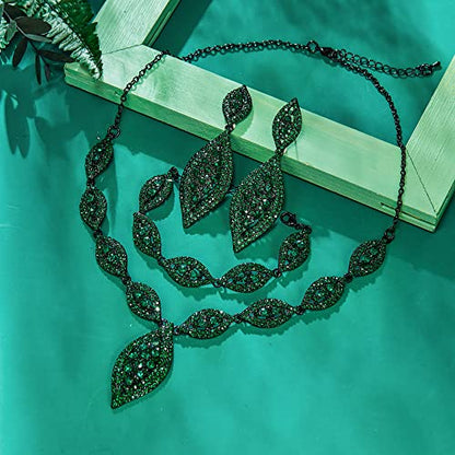 Flyonce Wedding Jewelry Set Rhinestone Crystal Bridal Leaf Necklace Drop Dangle Chandelier Earrings Sets for Women - color: Green Black-Tone
