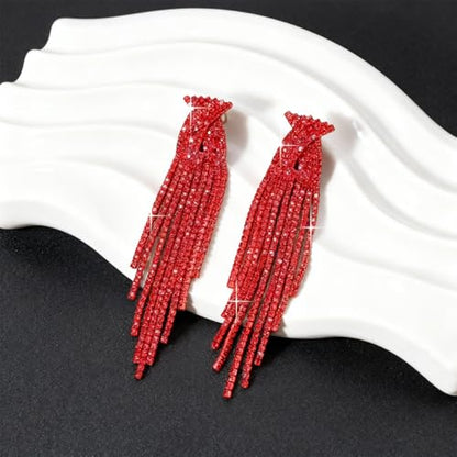 Rhinestone Earrings Prom Earrings for Women Sparkly Long Tassel Chandelier Drop Statement Earring Jewerly Gifts Wedding Party Prom Dresses Accessories - color: B3:red