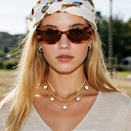 MPRAINBOW Gold Layered Necklace for Women - 3Pcs 18K Gold Plated Floral Necklaces, Stainless Steel Stackable Cuban Link Chain Non Tarnish Trendy Jewelry, Herringbone Chains Christmas Birthday Gifts - color: White