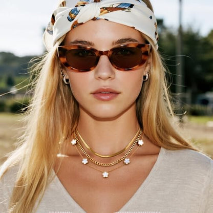 MPRAINBOW Gold Layered Necklace for Women - 3Pcs 18K Gold Plated Floral Necklaces, Stainless Steel Stackable Cuban Link Chain Non Tarnish Trendy Jewelry, Herringbone Chains Christmas Birthday Gifts - color: White