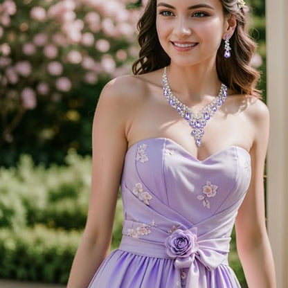 Wedding Bridal Necklace Earrings Jewelry Set for Women | Gorgeous Austrian Crystal Teardrop Flower Cluster for Bridal Bride Bridesmaid - color: 2Pcs-Light Purple Silver-Tone
