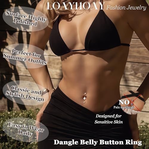 14G G23 Pure Titanium Dangle Belly Button Ring for Women Dangling CZ Navel Ring Teardrop Curved Barbell Belly Rings Internally Threaded Belly Piercing Jewelry - color: Gold