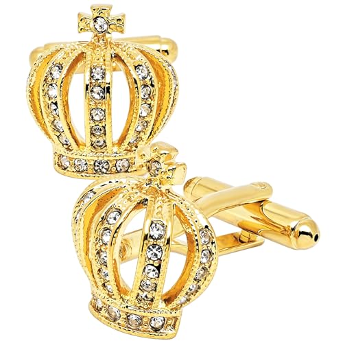 Golden Royal Crown Mens Cufflinks with Crystals In Gift Case | Novelty Style Cuff Links for Men Women Jewelry for Wedding Party Daily Office Formal or Casual Wear Business Tuxedo Dress