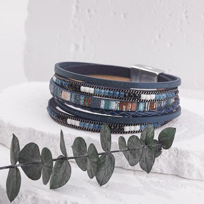 Boho Layered Leather Wrap Bracelets Chunky Western Country Hippie Jewelry | Stackable Bohemian Cowgirl Magnetic Clasp Cuff Bangle Set Fashion Stack Statement Festival Trendy Jewelry Gifts for Women - color: Navy Blue