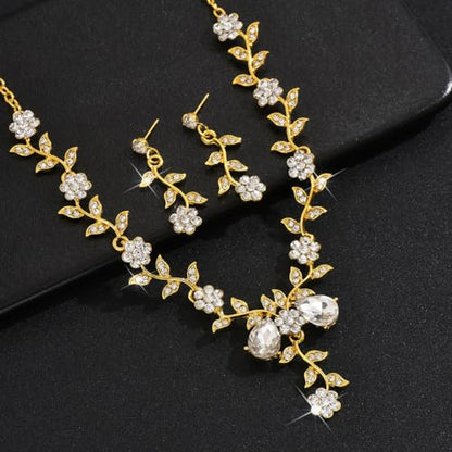 Kamirola Women's Wedding Jewelry Leaf Cluster Flower Crystal Dangle Earrings Pendant Necklace Set for BridalCrystal Bridal Jewelry Set - color: Gold White