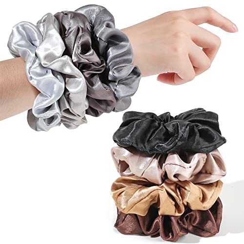 Satin Silk Scrunchies: Big Hair Ties for Women, Girls' Ponytail Holders for Thick, Curly Hair - Cute Pony Tails - color: Bown Gray