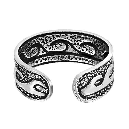 AeraVida .925 Sterling Silver Adjustable Toe Ring or Pinky Ring 5mm Wide Open Band, Stackable Minimalist Summer Foot Jewelry | Sun Moon Star Turtle Butterfly Leaf Olive Branch Ocean Wave Yin Yang Design - style: Ocean Wave