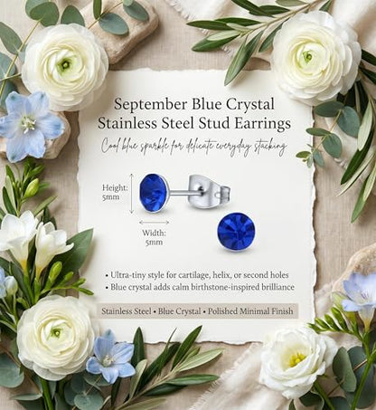 Stainless Steel Stud Earrings 5mm Crystal Birthstone Ultra-Tiny Cartilage Tragus Helix Second Ear Stackable Jewelry - color: September - Blue