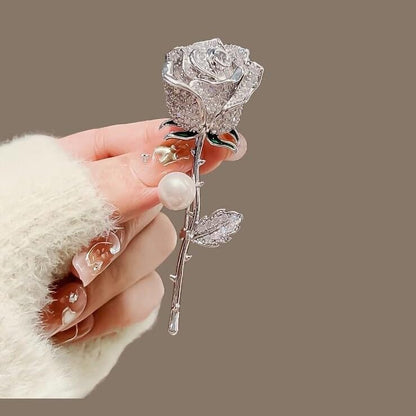 Anmpab Sparkling Rose Flower Brooch with Rhinestone Luxury Crystal Floral Pearl Pin for Women Wedding Bridal Jewelry for Blazer Dress Scarf Hat - color: Silver