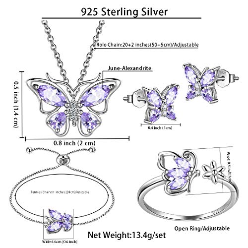 925 Sterling Silver Birthstone Butterfly Jewelry Women Crystal Animal Cute Butterflies Birthday Necklace/Earring/Ring/Bracelet Sets Birth Stone Statement Anniversary Jewellery - color: 3-F.June-Alexandrite