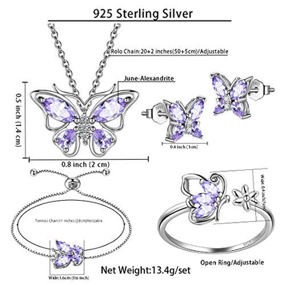 925 Sterling Silver Birthstone Butterfly Jewelry Women Crystal Animal Cute Butterflies Birthday Necklace/Earring/Ring/Bracelet Sets Birth Stone Statement Anniversary Jewellery - color: 3-F.June-Alexandrite