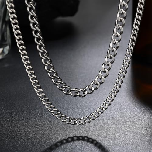 2PCS Cuban Link Chain Set for Men - Gold/Silver Plated Stainless Steel Layered Chain Necklace Non-Tarnish Jewelry Gift - color: Silver, size: 22inch+24inch