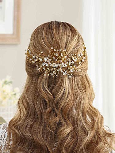 Bride Flower Wedding Hair Vine Crystal Bridal Hair Piece Rhinestone Party Hair Accessories Leaf Hair Jewelry Bead Headpiece for Women - color: Gold