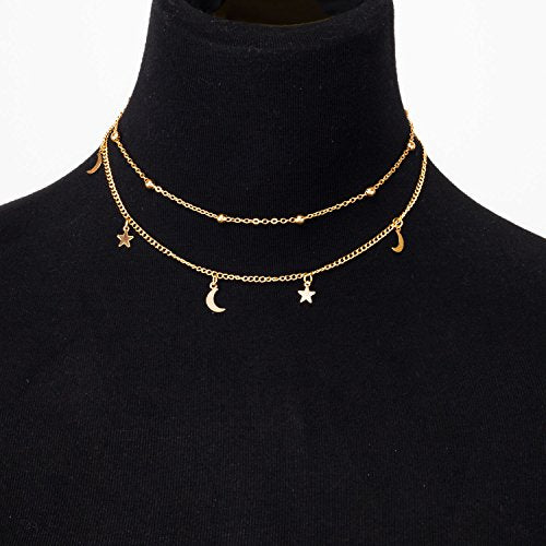 BaubleStar Star Moon Charm Necklace Layering Chain Choker for Women - color: Gold