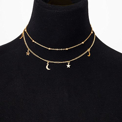 BaubleStar Star Moon Charm Necklace Layering Chain Choker for Women - color: Gold