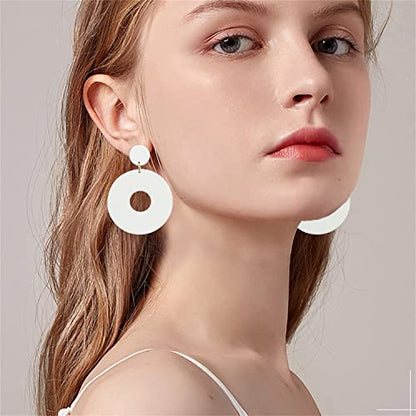Unique Minimalist 80s 90s Boho Black White Huge Acrylic Hollow Round Dangle Drop Earrings Hypoallergenic Resin Geometric Stud Earrings for Women Summer Holiday Party Jewelry (White)