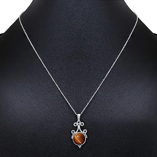 Natural Round Gemstone Pendant Necklace for Women, 925 Sterling Silver | Solitaire Birthstone Jewelry With 18 Inch Chain, Handmade Semi Precious Stone Pendant, Jewelry Gift for Mom, Wife & Sister - color: Tiger Eye