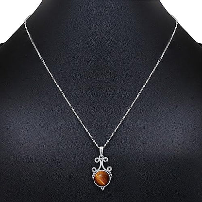 Natural Round Gemstone Pendant Necklace for Women, 925 Sterling Silver | Solitaire Birthstone Jewelry With 18 Inch Chain, Handmade Semi Precious Stone Pendant, Jewelry Gift for Mom, Wife & Sister - color: Tiger Eye