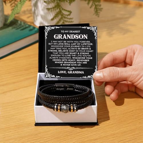 To Our Grandson Bracelet from Grandpa and Grandma - Love You Forever Engraved Leather Wristband with Inspirational Message Card - Sentimental Birthday Graduation Gift for Men, Teen - color: Version-03