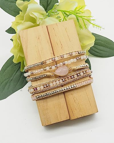 Bracelet for Women – Handmade Vegan Boho Natural Stone Layered Bracelet, Thailand Bohemian Stackable Beaded Wrap Bracelets, Summer Hippie Bracelet Stack, Fashion Jewelry Gifts - color: A2-Rose Gem