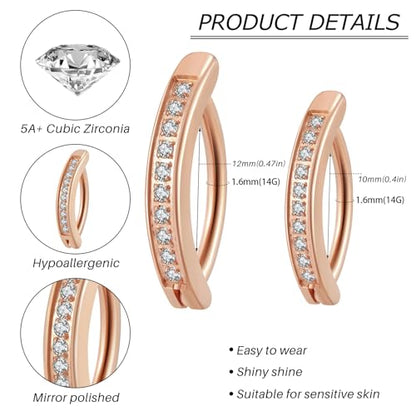 Clicker Belly Button Ring Hoop Belly Button Ring 14G Navel Ring | Surgical stainless steel hinged belly button ring for belly button piercing, navel body jewelry for women and men - color: CZ-Rose gold