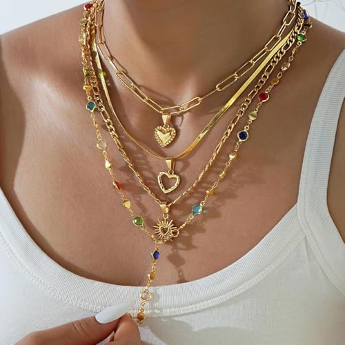 Colorful Crystal Long Necklace for Women Dainty Boho Y-Shaped Color Bead Necklaces Sparkly Rhinestone Pendant Layered Gold Long Chain Choker Good Luck Trend Jewelry Gift Jewelry - color: 4pcs-Gold