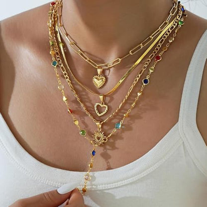 Colorful Crystal Long Necklace for Women Dainty Boho Y-Shaped Color Bead Necklaces Sparkly Rhinestone Pendant Layered Gold Long Chain Choker Good Luck Trend Jewelry Gift Jewelry - color: 4pcs-Gold