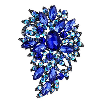 EVER FAITH Women's Austrian Crystal Wedding Flower Leaf Bouquet Brooch - color: Royal Blue Black-Tone