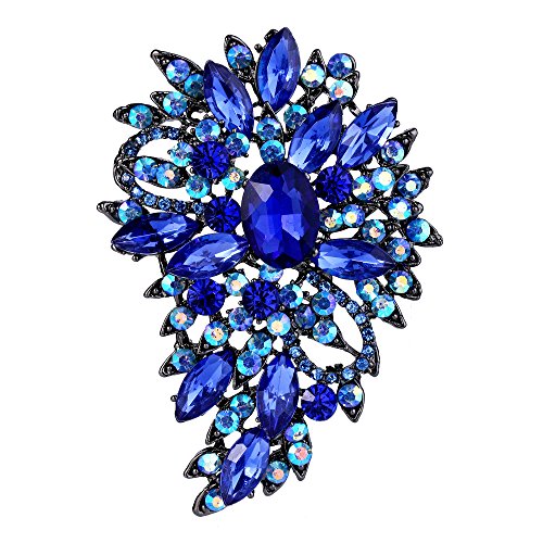EVER FAITH Women's Austrian Crystal Wedding Flower Leaf Bouquet Brooch - color: Royal Blue Black-Tone