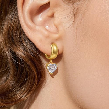 Chunky Gold Huggie Cz Dangle Earrings for Women | Hoop Huggies Dangly, Cubic Zirconia Drop Earring, Diamond Crystal Charm, Statement Dangling Earrings, Jewelry Gifts - color: Gold-Heart