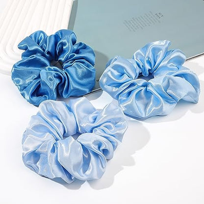 Satin Hair Scrunchies: Cute, Big Pony Tail Holders for Thick, Curly Hair - No Crease, No Damage Hair Ties for Girls and Women - color: Blue