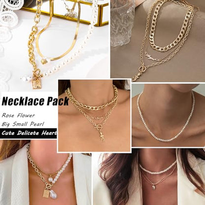 17IF 53 PCS(8 PACK) Silver Plated Jewelry Set for Women，4 Styles | with 6 Necklace 11 Ankle Bracelet 30 Kunckle Ring 6 Pair Earring Hoop Vintage Boho Pearl Birthday Travel Holiday - style: Classic