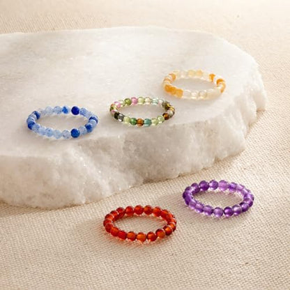 NLIEO Handmade Natural Gemstone Crystal Beaded Stretch Band Ring for Women | Handmade, 3mm Natural Stone, Size 7-12, Stretchy, Beaded Jewelry, Green Bead Rings, Trendy Jewelry Gift - style: Topaz