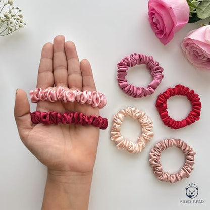 SILVR BEAR Luxury Satin Scrunchies, Satin Hair Ties for Thick, Thin & Curly Hair, Scrunchies for Women, Girls & Men Softer than Silk Hair Ties (Skinny Rose) - color: Rose Skinny