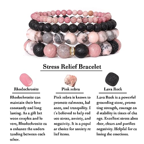 Vinswet 4pcs Beaded Bracelets for Women,Natural Healing Crystal Gemstones Bracelet,Anxiety Stress Relief Bracelet Handmade purple Jewelry Gifts for Women - color: Pink zebra&Lava Rock&Rhodochrosite
