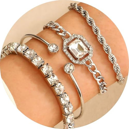 Alegend 14K Gold Plated Stackable Multilayer Bracelets + Titanium Steel(Not Rust, Resist Corruption, Easily Clean) 18K Gold Plated Single Bracelets - color: 14K Silver + 4PCS A