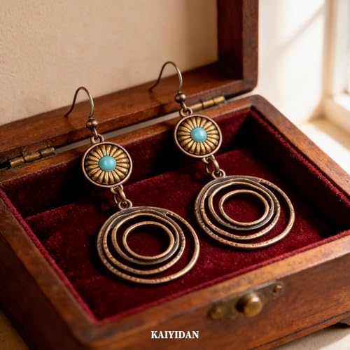 Boho Turquoise Dangle Earrings For Women Trendy,Western Blue Gemstone Drop Earings,Vintage Gothic Ethnic Statement Beach Vacation Long Birthstone Earrings with Leaf Teardrop Turquoise Crystal Tassels,Fashion Jewelry Birthday Gift. - style: A8 Hoops Bronze